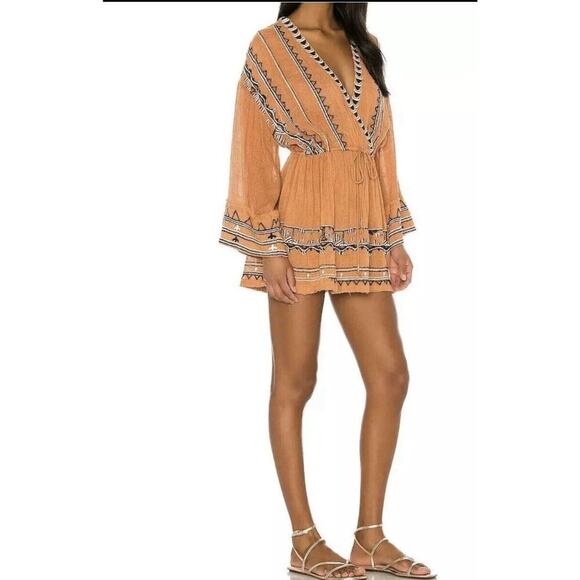 Free People Aztec Print Romper Size XS Brown Boho Festival Hippie Plunge Neck - Picture 3 of 12